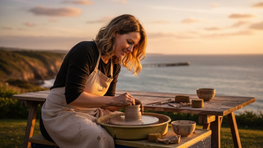 An inspiring outdoor portrait of a local Somers artisan, her pottery bathed in the golden hour light by the rugged Somers coastline, showcasing authentic branding photography Somers businesses need to connect with their audience.