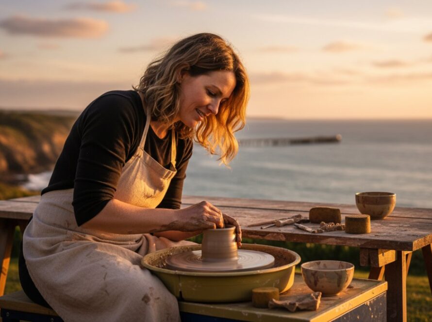 An inspiring outdoor portrait of a local Somers artisan, her pottery bathed in the golden hour light by the rugged Somers coastline, showcasing authentic branding photography Somers businesses need to connect with their audience.