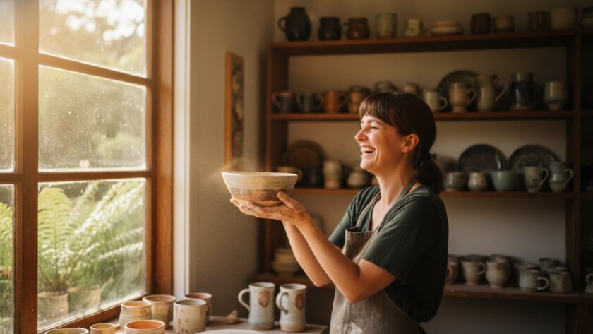 An authentic branding photography moment in The Patch showing a creative entrepreneur laughing genuinely, surrounded by the lush, natural beauty of the Dandenong Ranges, sun-drenched and vibrant, capturing the essence of their unique brand story.