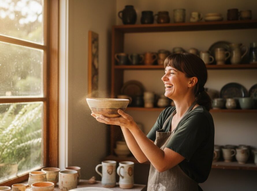 An authentic branding photography moment in The Patch showing a creative entrepreneur laughing genuinely, surrounded by the lush, natural beauty of the Dandenong Ranges, sun-drenched and vibrant, capturing the essence of their unique brand story.