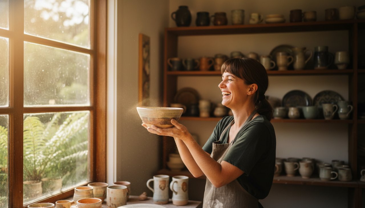 An authentic branding photography moment in The Patch showing a creative entrepreneur laughing genuinely, surrounded by the lush, natural beauty of the Dandenong Ranges, sun-drenched and vibrant, capturing the essence of their unique brand story.