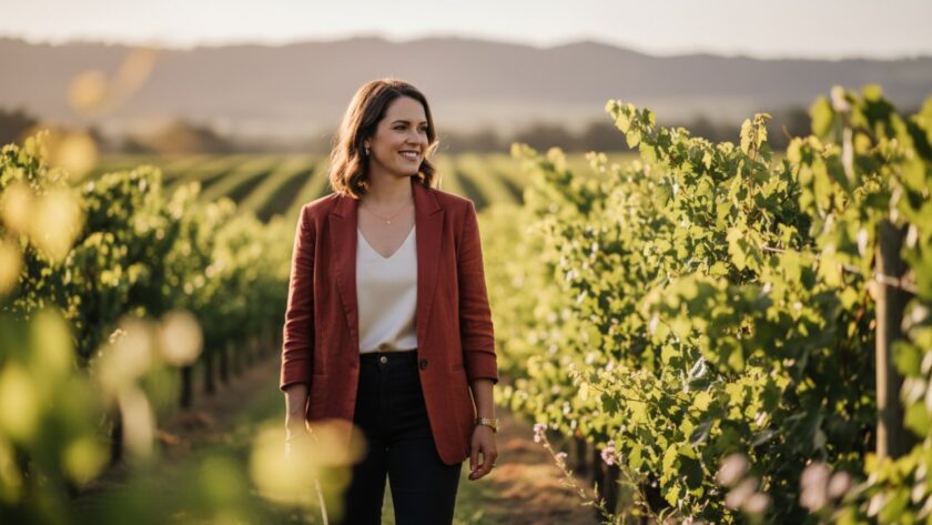A confident business professional smiling genuinely in an authentic business portrait in Seville East Victoria, captured outdoors with the Yarra Valley vineyards in the soft afternoon light, showcasing their approachability and expertise.