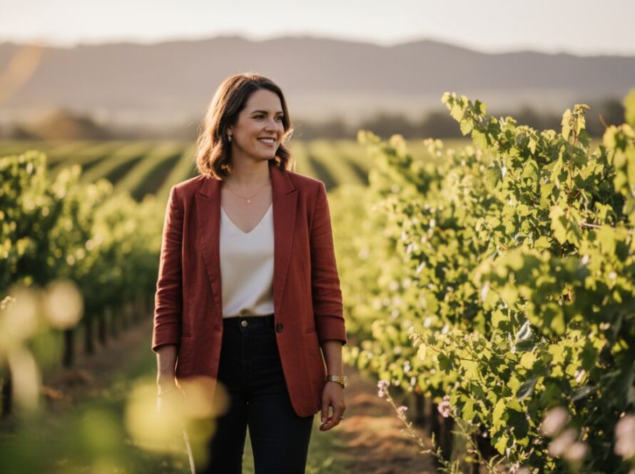 A confident business professional smiling genuinely in an authentic business portrait in Seville East Victoria, captured outdoors with the Yarra Valley vineyards in the soft afternoon light, showcasing their approachability and expertise.