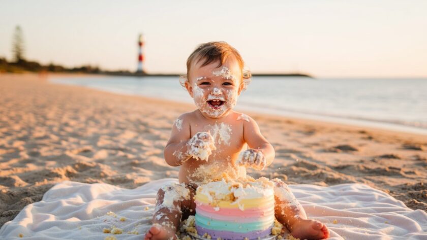 An adorable toddler, covered in cake, joyfully laughing with the stunning McCrae beach backdrop, captured through authentic cake smash photography McCrae beach backdrop, a truly epic moment of pure delight and messy fun.