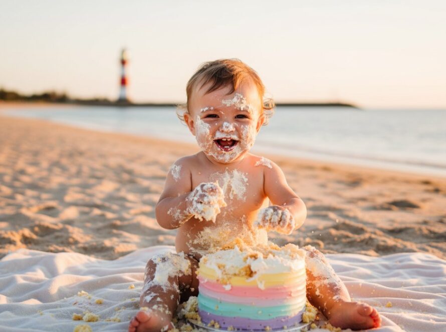 An adorable toddler, covered in cake, joyfully laughing with the stunning McCrae beach backdrop, captured through authentic cake smash photography McCrae beach backdrop, a truly epic moment of pure delight and messy fun.