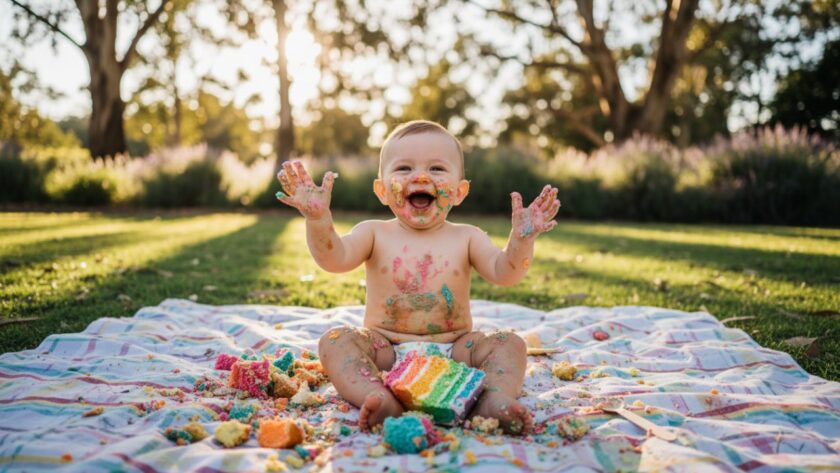 An authentic cake smash photography Seville Victoria epic moment: A baby, covered in frosting, laughing heartily amidst a colourful cake, with soft sunlight filtering through eucalyptus trees in a picturesque Seville park.