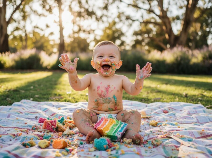 An authentic cake smash photography Seville Victoria epic moment: A baby, covered in frosting, laughing heartily amidst a colourful cake, with soft sunlight filtering through eucalyptus trees in a picturesque Seville park.