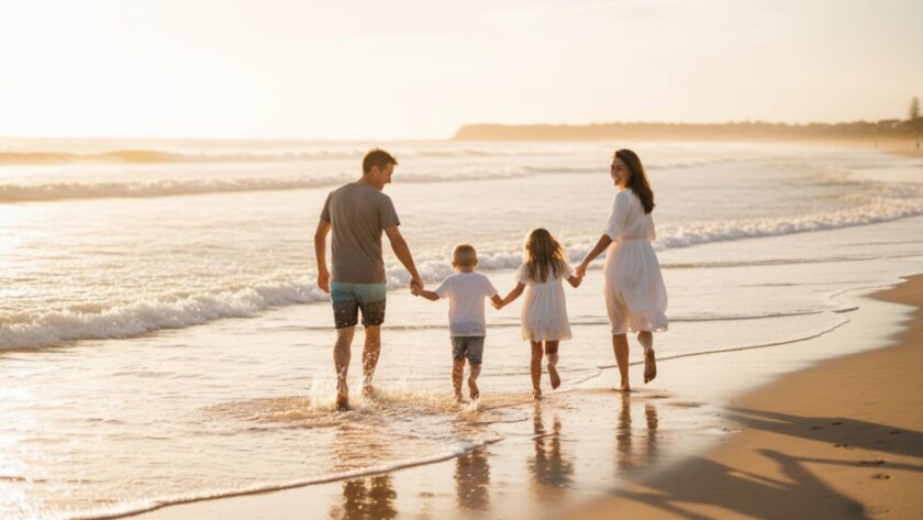 An authentic candid family moment captured at Somers Beach, Victoria, Australia, featuring a family laughing joyfully as a wave splashes gently near their feet at sunset, with golden light reflecting on the water. Professional, color-graded, cinematic style.