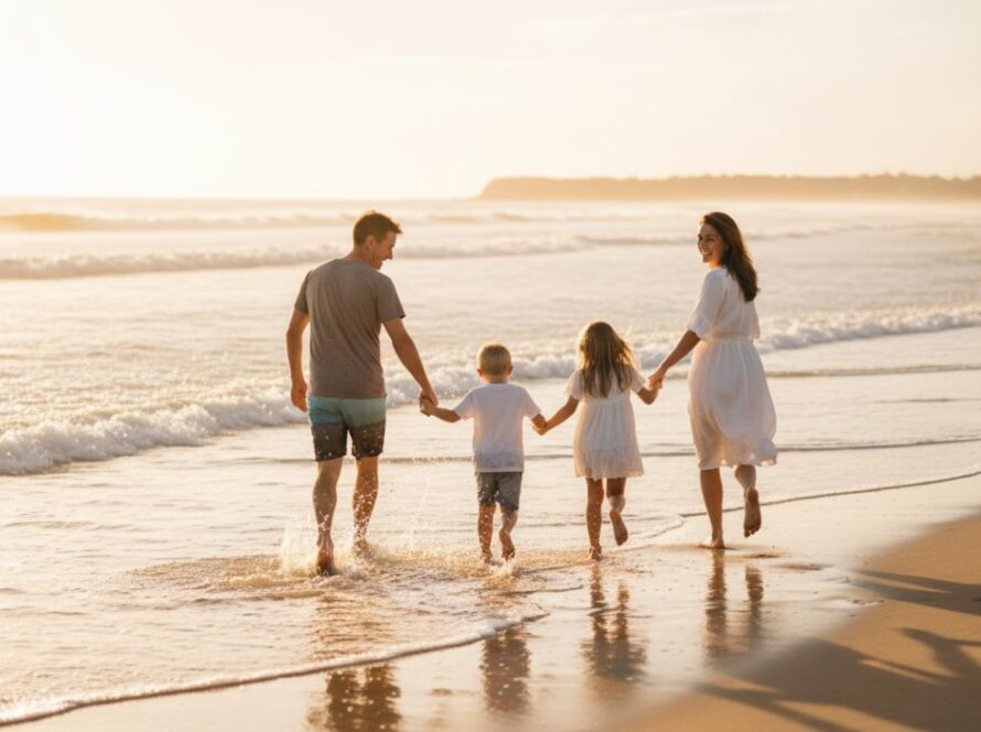 An authentic candid family moment captured at Somers Beach, Victoria, Australia, featuring a family laughing joyfully as a wave splashes gently near their feet at sunset, with golden light reflecting on the water. Professional, color-graded, cinematic style.
