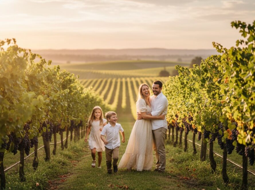 An intimate, sun-drenched moment of a family laughing genuinely in a Seville East vineyard, epitomizing authentic candid family photography Seville East, with a child playfully looking back at the camera during golden hour.