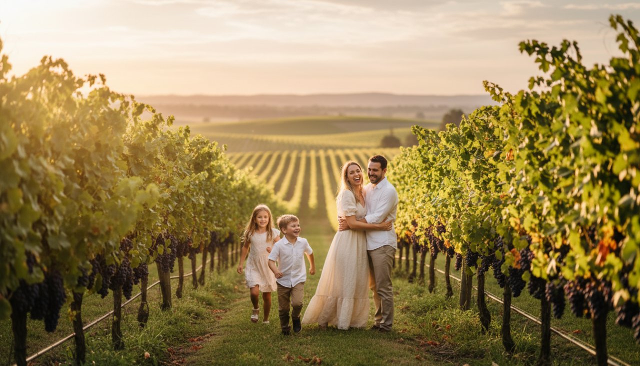 An intimate, sun-drenched moment of a family laughing genuinely in a Seville East vineyard, epitomizing authentic candid family photography Seville East, with a child playfully looking back at the camera during golden hour.
