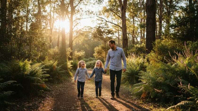 An authentic candid moments Badger Creek photographer captures a joyful family laughing together in a sun-dappled, natural setting near Badger Creek's native bushland, highlighting genuine connection and emotion.