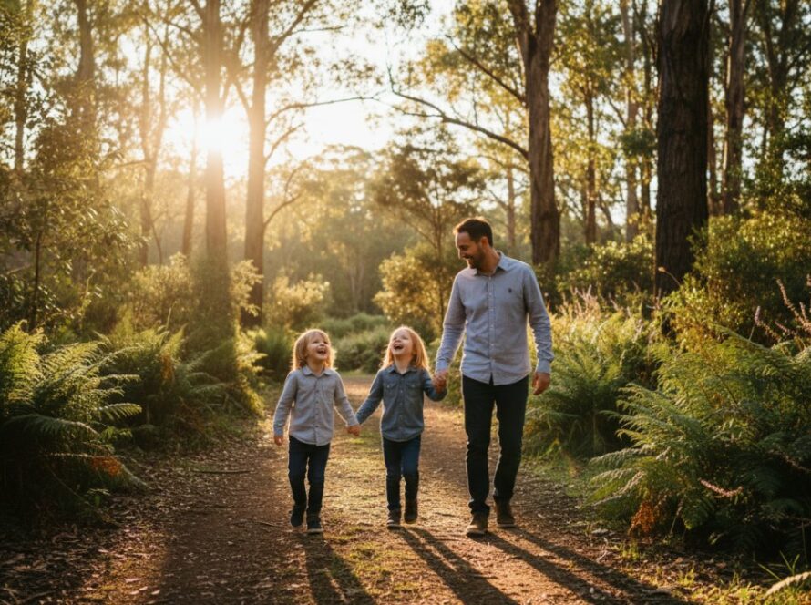 An authentic candid moments Badger Creek photographer captures a joyful family laughing together in a sun-dappled, natural setting near Badger Creek's native bushland, highlighting genuine connection and emotion.