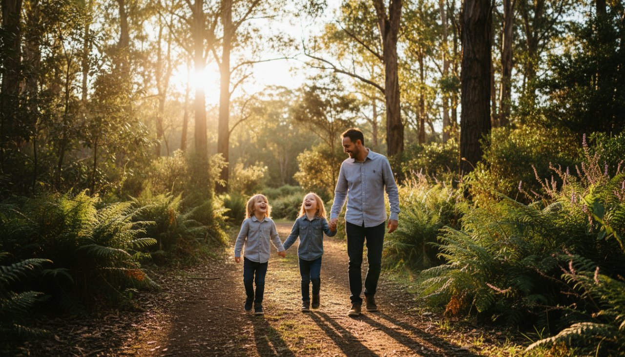 An authentic candid moments Badger Creek photographer captures a joyful family laughing together in a sun-dappled, natural setting near Badger Creek's native bushland, highlighting genuine connection and emotion.