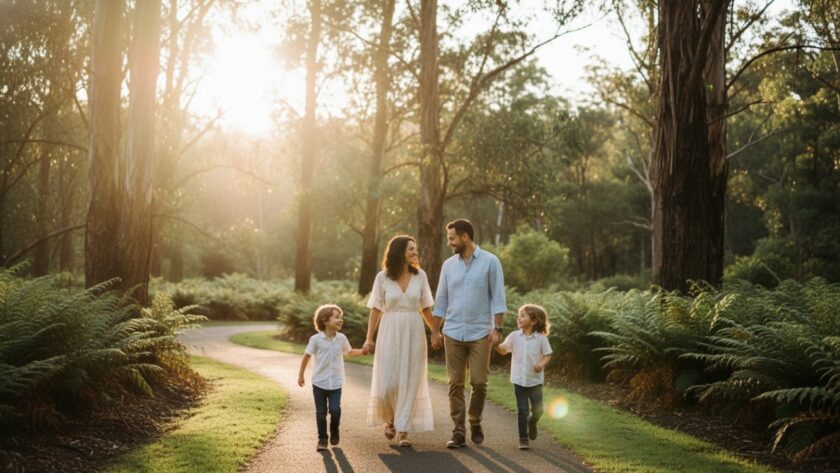 A heartwarming, sun-drenched photograph showcasing authentic candid moments The Patch photography, featuring a family laughing joyfully by the Fernshaw Road tree-lined avenue, capturing a genuine, unposed interaction under soft natural light.