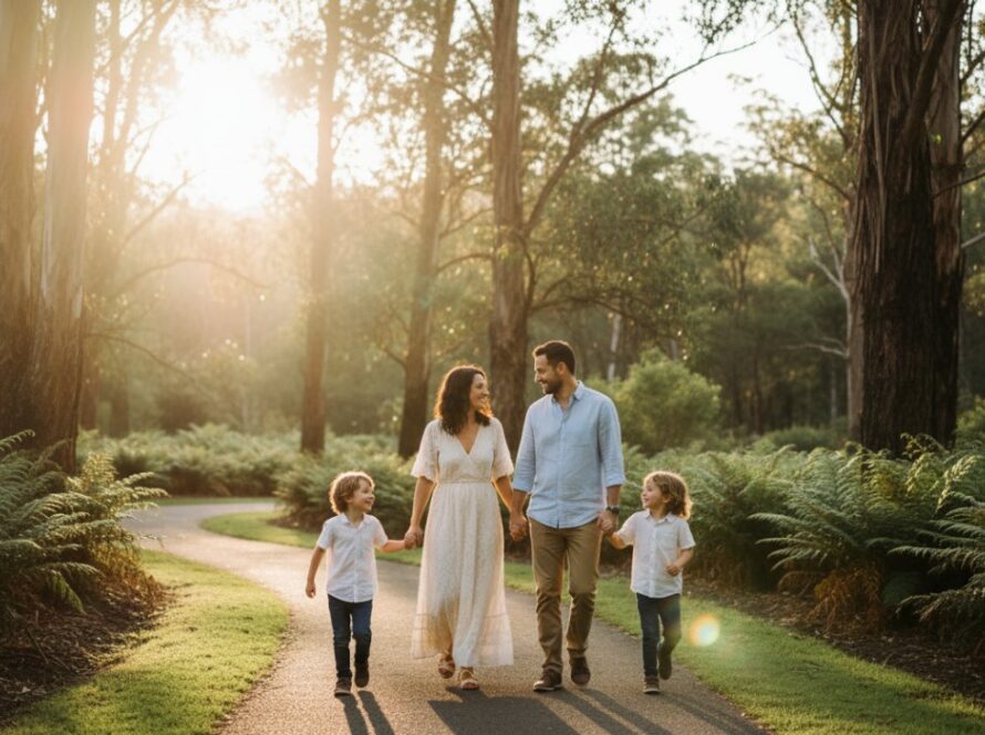A heartwarming, sun-drenched photograph showcasing authentic candid moments The Patch photography, featuring a family laughing joyfully by the Fernshaw Road tree-lined avenue, capturing a genuine, unposed interaction under soft natural light.