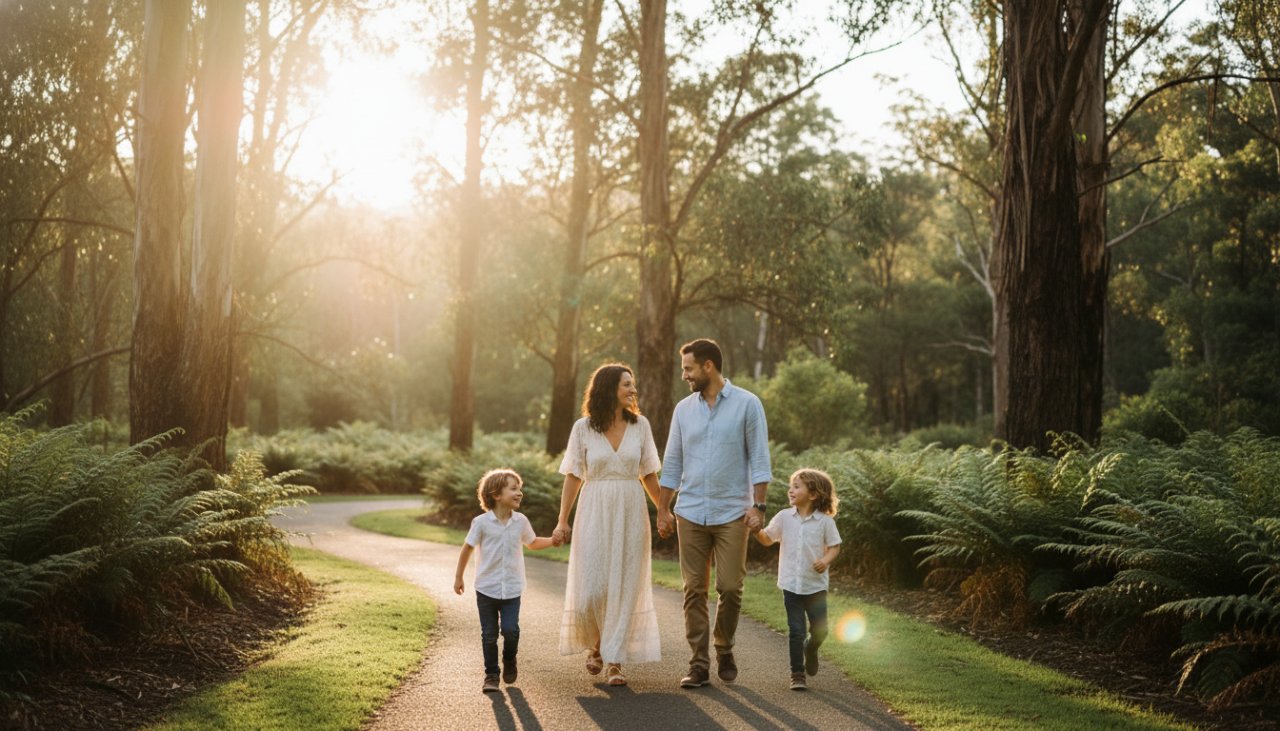 A heartwarming, sun-drenched photograph showcasing authentic candid moments The Patch photography, featuring a family laughing joyfully by the Fernshaw Road tree-lined avenue, capturing a genuine, unposed interaction under soft natural light.