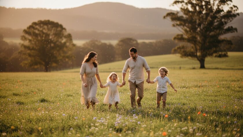An 'epic moment' capture of an Avonsleigh family laughing joyfully amidst the natural beauty of a blooming garden, perfectly showcasing 'authentic candid photography Avonsleigh family moments' with warm, golden hour light highlighting their genuine connection.