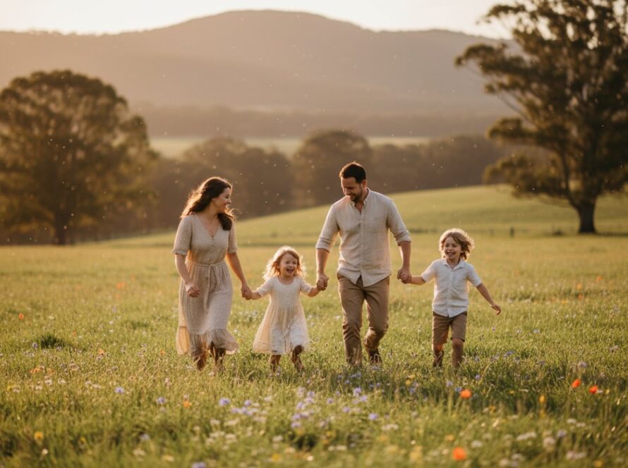 An 'epic moment' capture of an Avonsleigh family laughing joyfully amidst the natural beauty of a blooming garden, perfectly showcasing 'authentic candid photography Avonsleigh family moments' with warm, golden hour light highlighting their genuine connection.
