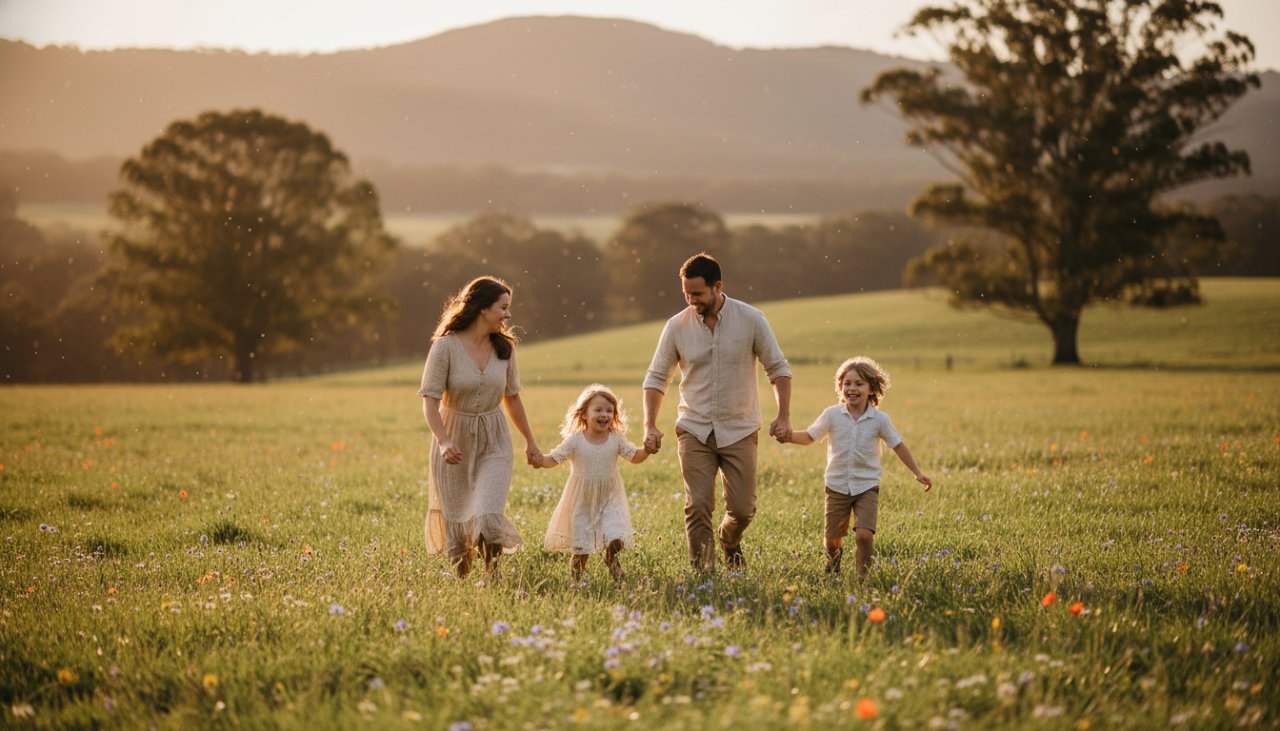 An 'epic moment' capture of an Avonsleigh family laughing joyfully amidst the natural beauty of a blooming garden, perfectly showcasing 'authentic candid photography Avonsleigh family moments' with warm, golden hour light highlighting their genuine connection.