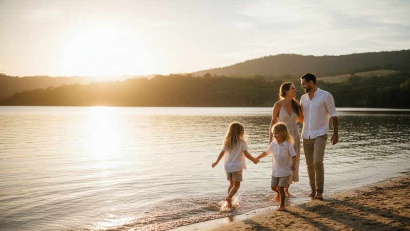 A heartwarming, authentic candid photography Clematis Lake Lyster moment featuring a family laughing joyfully by the water's edge at sunset, their silhouettes highlighted against the golden light, capturing a truly epic and unposed connection.