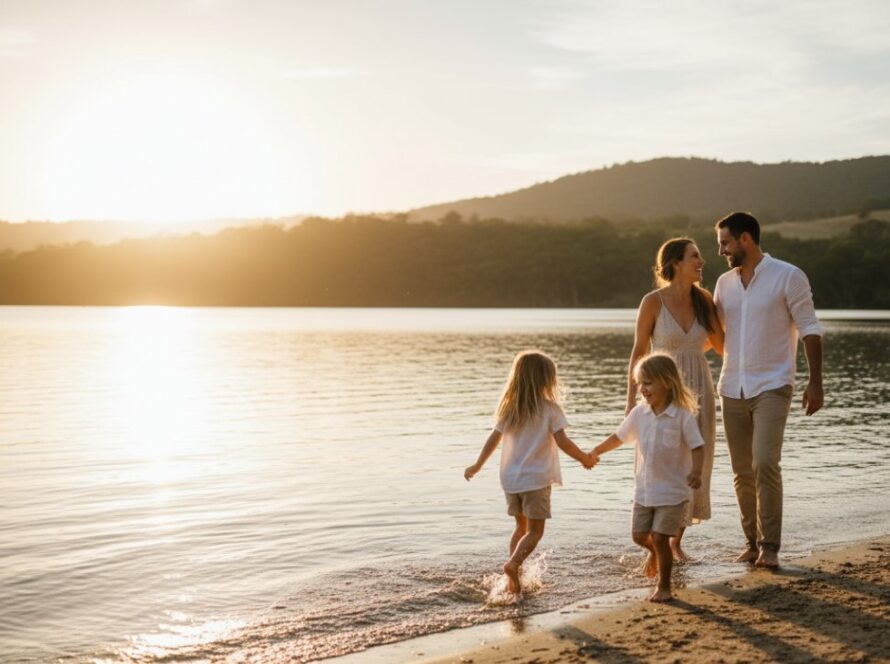 A heartwarming, authentic candid photography Clematis Lake Lyster moment featuring a family laughing joyfully by the water's edge at sunset, their silhouettes highlighted against the golden light, capturing a truly epic and unposed connection.