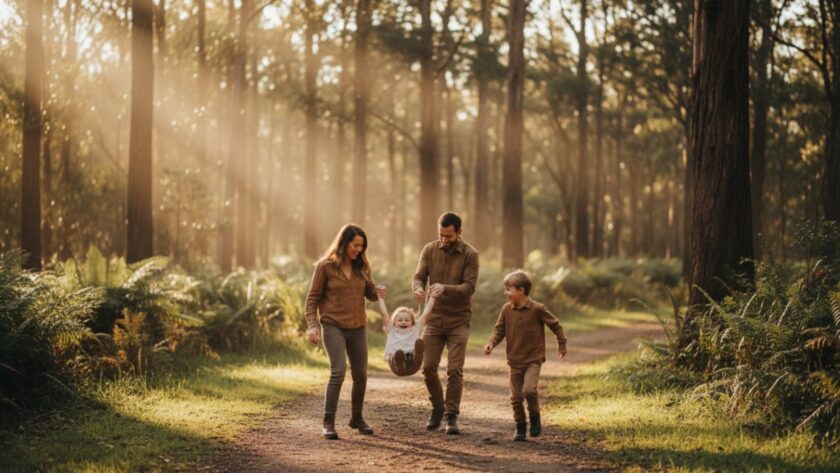A heartwarming, authentic candid photography Cockatoo Victoria family moments scene, featuring a family laughing joyously amidst the lush, sun-dappled Dandenong Ranges landscape in Cockatoo, a child riding on their father's shoulders, captured in a golden hour, cinematic style.