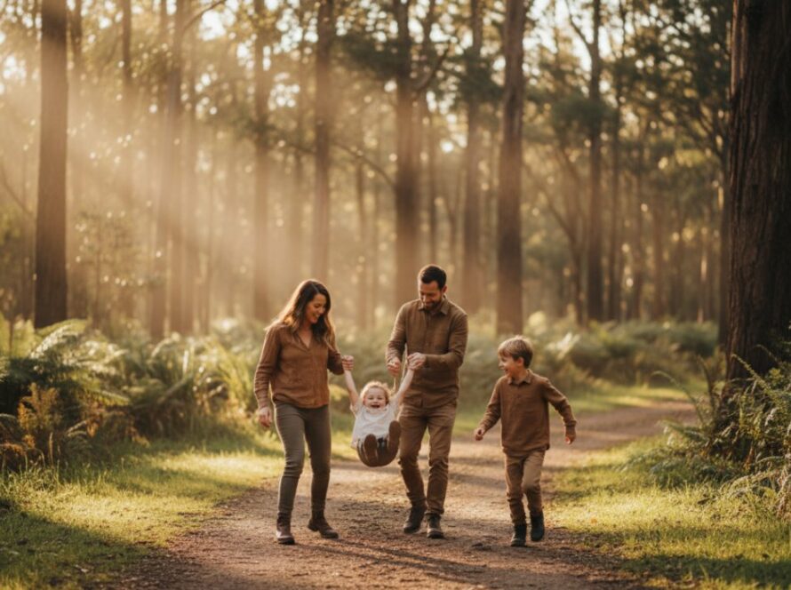 A heartwarming, authentic candid photography Cockatoo Victoria family moments scene, featuring a family laughing joyously amidst the lush, sun-dappled Dandenong Ranges landscape in Cockatoo, a child riding on their father's shoulders, captured in a golden hour, cinematic style.