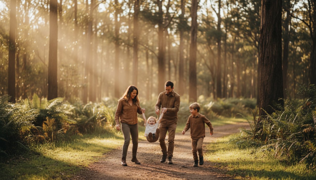 A heartwarming, authentic candid photography Cockatoo Victoria family moments scene, featuring a family laughing joyously amidst the lush, sun-dappled Dandenong Ranges landscape in Cockatoo, a child riding on their father's shoulders, captured in a golden hour, cinematic style.