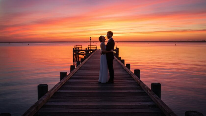 A joyous family laughing genuinely as they stroll along the Hastings foreshore at sunset, captured in an authentic candid photography Hastings foreshore moments style, warm golden light, cinematic quality.