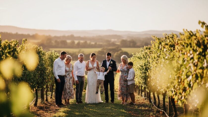 A heartwarming, sun-drenched photograph of a family laughing genuinely during authentic candid photography moments in a serene Chum Creek vineyard, showcasing pure joy and connection.