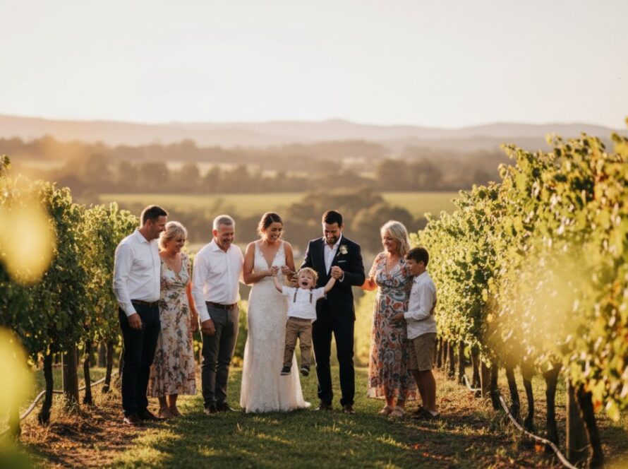 A heartwarming, sun-drenched photograph of a family laughing genuinely during authentic candid photography moments in a serene Chum Creek vineyard, showcasing pure joy and connection.