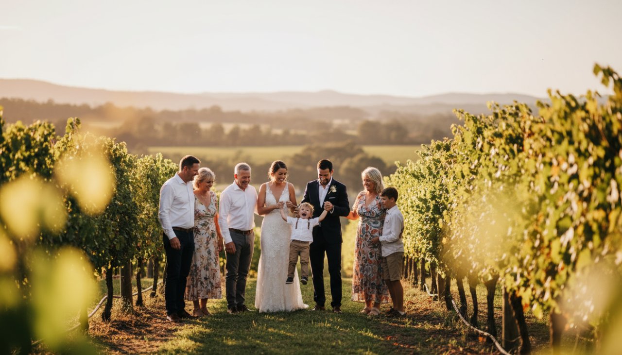 A heartwarming, sun-drenched photograph of a family laughing genuinely during authentic candid photography moments in a serene Chum Creek vineyard, showcasing pure joy and connection.