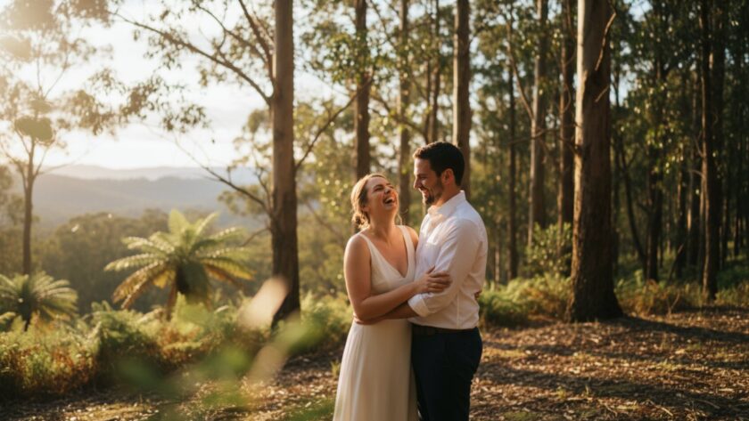 An intimate, joyous moment captured with authentic candid photography Upwey Dandenongs, showing a couple laughing genuinely amidst the lush, sun-dappled greenery of the Dandenong Ranges.