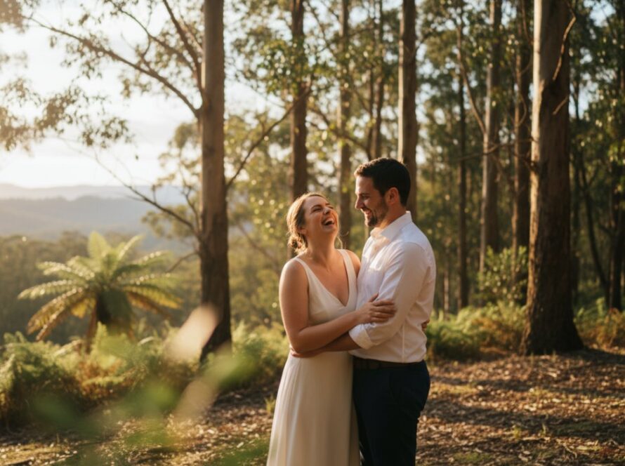 An intimate, joyous moment captured with authentic candid photography Upwey Dandenongs, showing a couple laughing genuinely amidst the lush, sun-dappled greenery of the Dandenong Ranges.