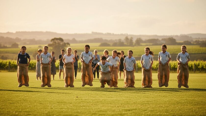 Authentic candid school photography Seville Victoria capturing an epic moment of joy: a group of primary school children laughing naturally during an outdoor class photo session, bathed in warm afternoon sunlight, with the rolling hills of Seville in the background.
