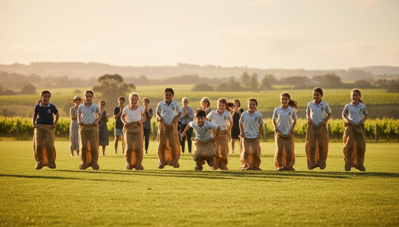 Authentic candid school photography Seville Victoria capturing an epic moment of joy: a group of primary school children laughing naturally during an outdoor class photo session, bathed in warm afternoon sunlight, with the rolling hills of Seville in the background.