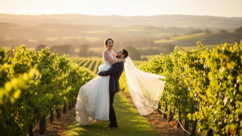A newlywed couple embraces joyfully amidst the scenic vineyards of Launching, Victoria, showcasing authentic candid wedding photography. The groom lifts his bride in an epic, unposed moment, bathed in golden hour light, with rolling hills in the background, symbolising pure happiness.