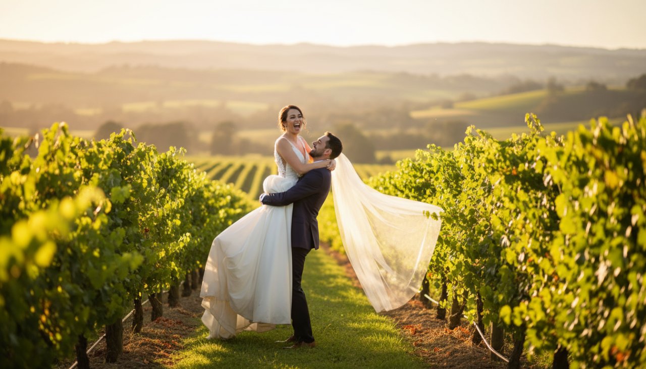 A newlywed couple embraces joyfully amidst the scenic vineyards of Launching, Victoria, showcasing authentic candid wedding photography. The groom lifts his bride in an epic, unposed moment, bathed in golden hour light, with rolling hills in the background, symbolising pure happiness.