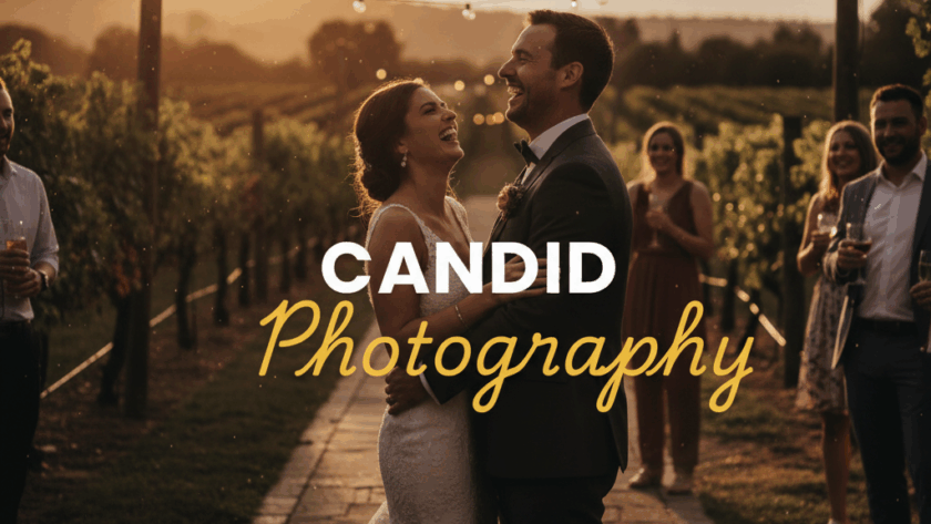 A couple laughing spontaneously during authentic candid wedding photography in the Yarra Valley, framed by vineyard rows under a golden hour sky, captured with a cinematic street photography style.