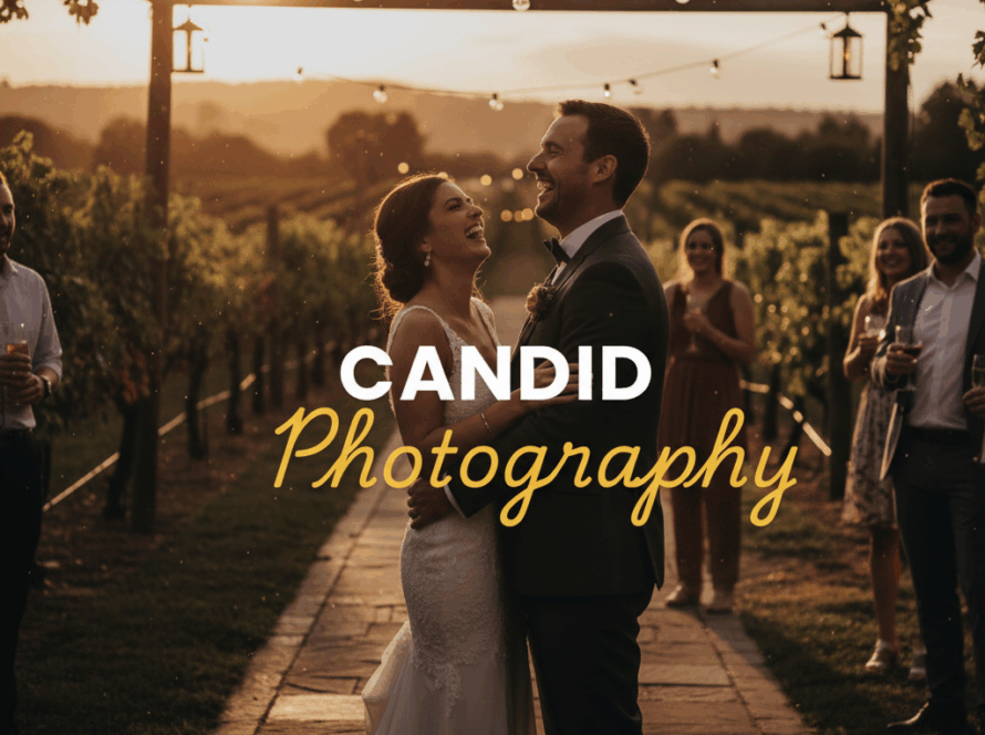 A couple laughing spontaneously during authentic candid wedding photography in the Yarra Valley, framed by vineyard rows under a golden hour sky, captured with a cinematic street photography style.