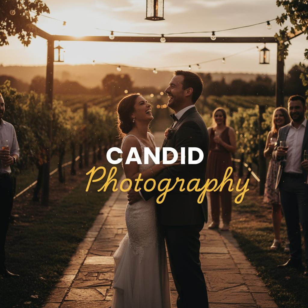 A couple laughing spontaneously during authentic candid wedding photography in the Yarra Valley, framed by vineyard rows under a golden hour sky, captured with a cinematic street photography style.