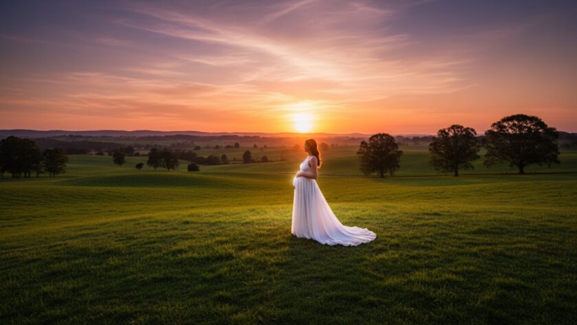 An expectant mother, in an authentic Castella maternity photoshoot capturing nature's embrace, stands gracefully amidst lush green rolling hills at sunset, her silhouette framed by golden light, hands cradling her belly, a serene and powerful epic moment.