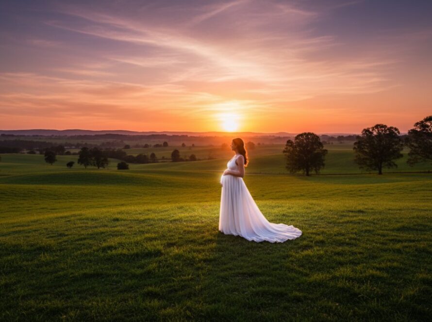 An expectant mother, in an authentic Castella maternity photoshoot capturing nature's embrace, stands gracefully amidst lush green rolling hills at sunset, her silhouette framed by golden light, hands cradling her belly, a serene and powerful epic moment.