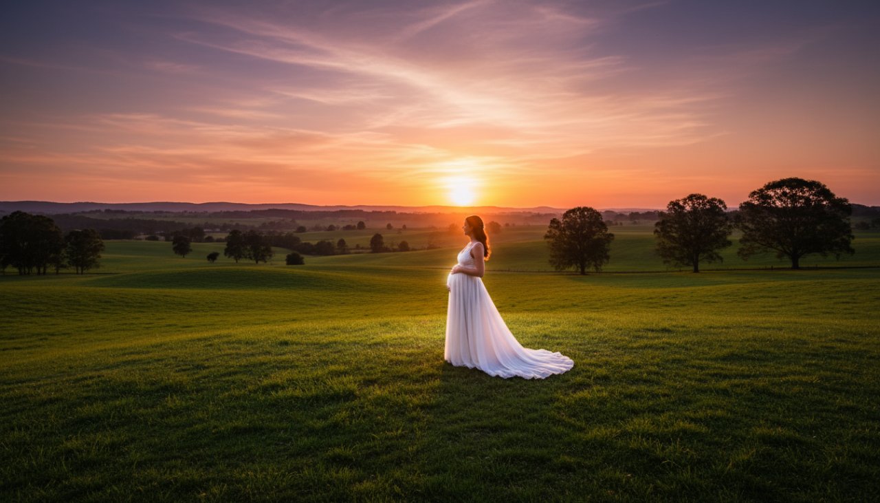An expectant mother, in an authentic Castella maternity photoshoot capturing nature's embrace, stands gracefully amidst lush green rolling hills at sunset, her silhouette framed by golden light, hands cradling her belly, a serene and powerful epic moment.