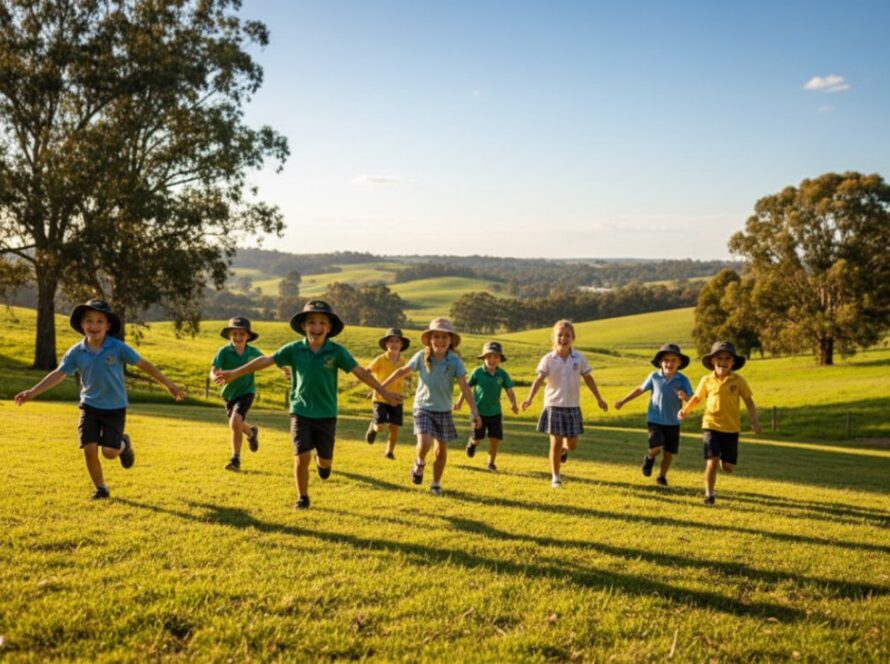 A wide-angle, vibrant, 'epic moment' style photograph showcasing authentic Chum Creek school photography capturing genuine student joy, with a group of diverse students laughing and running through a sun-dappled grassy field near Chum Creek Primary School, their faces lit with pure happiness, against a backdrop of rolling Yarra Valley hills and gum trees.