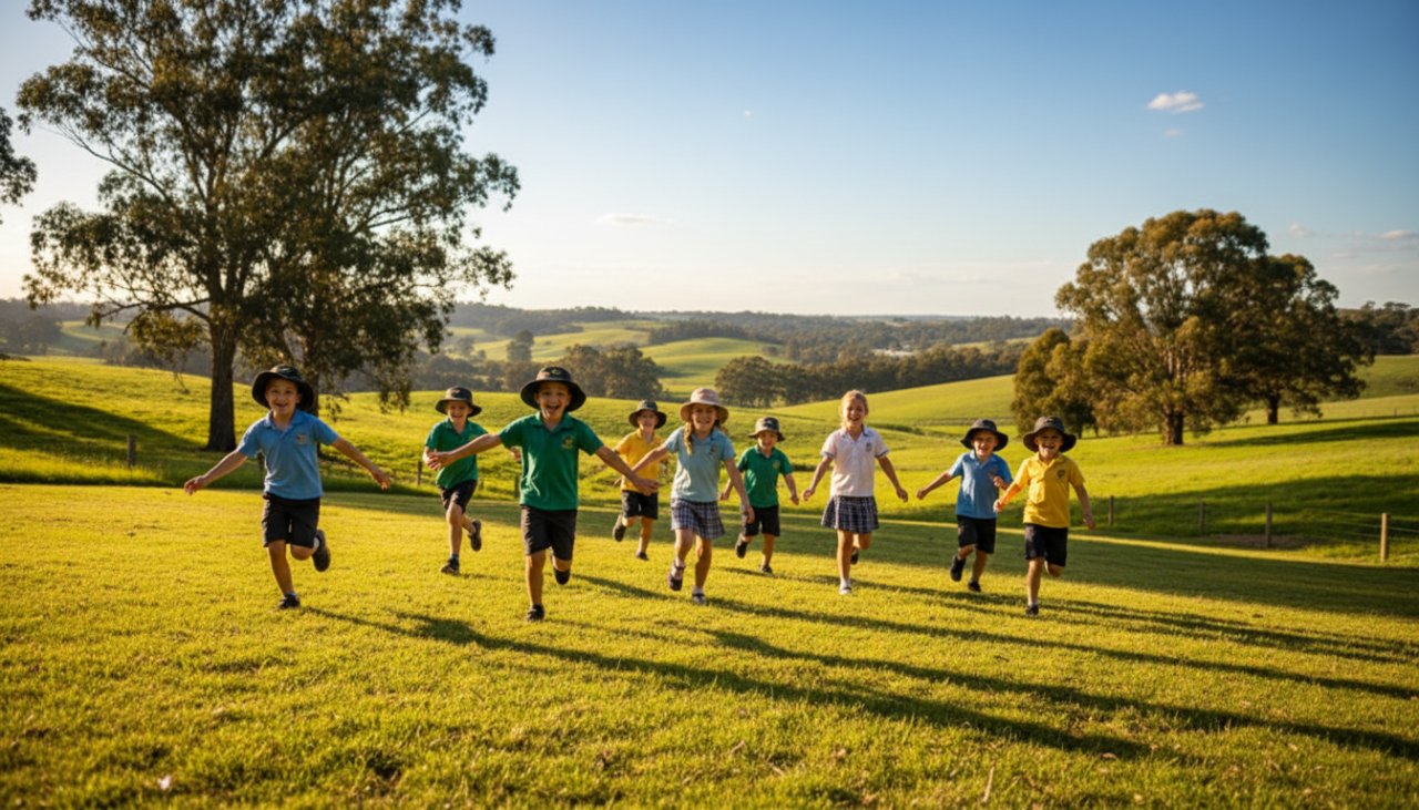 A wide-angle, vibrant, 'epic moment' style photograph showcasing authentic Chum Creek school photography capturing genuine student joy, with a group of diverse students laughing and running through a sun-dappled grassy field near Chum Creek Primary School, their faces lit with pure happiness, against a backdrop of rolling Yarra Valley hills and gum trees.