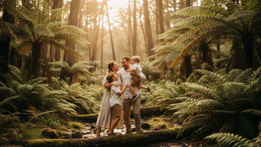 A heartwarming, sun-drenched photograph of an an authentic Clematis family photography moment, showing a young family laughing joyfully amidst the lush, sunlit fern gully, evoking genuine emotion.