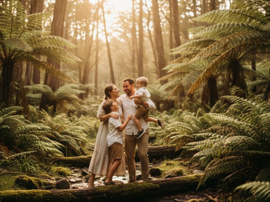 A heartwarming, sun-drenched photograph of an an authentic Clematis family photography moment, showing a young family laughing joyfully amidst the lush, sunlit fern gully, evoking genuine emotion.