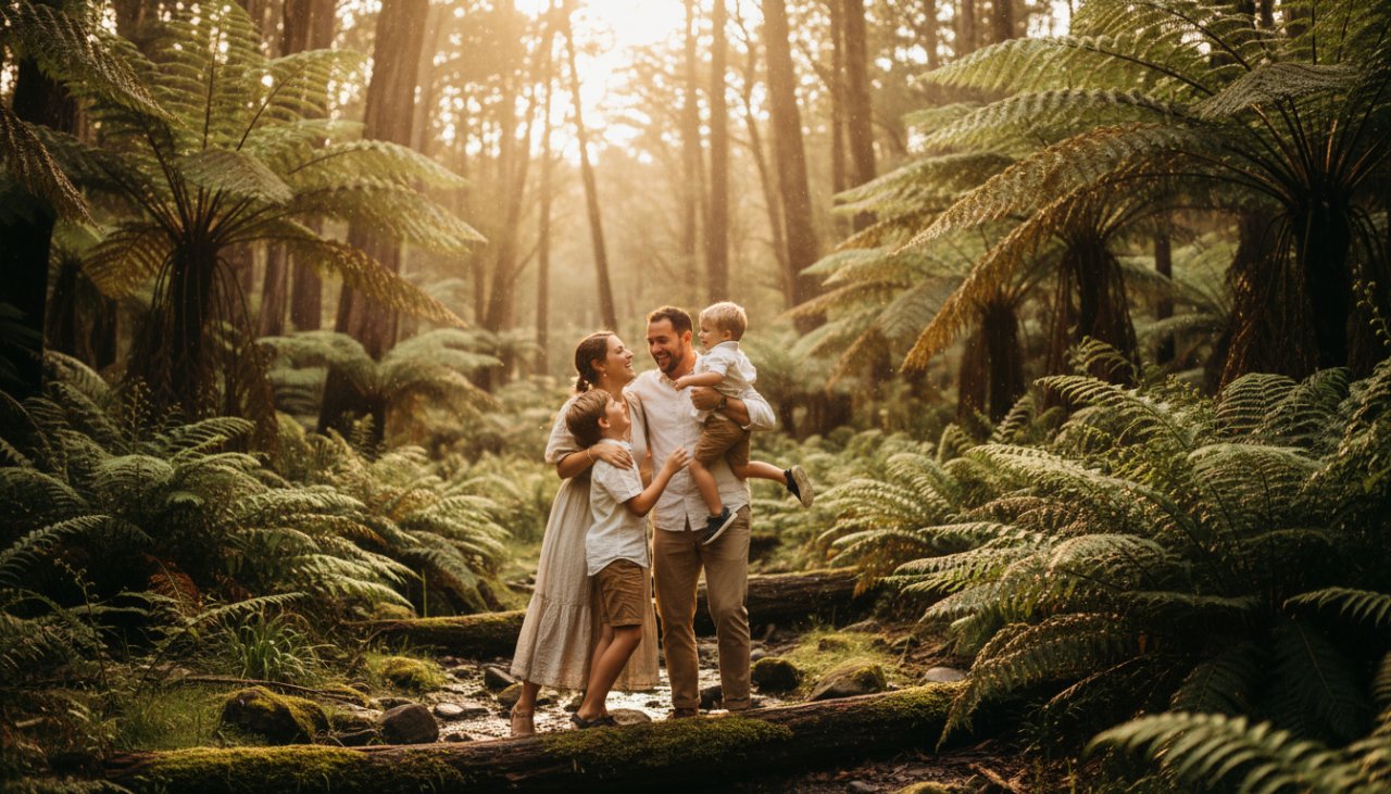 A heartwarming, sun-drenched photograph of an an authentic Clematis family photography moment, showing a young family laughing joyfully amidst the lush, sunlit fern gully, evoking genuine emotion.